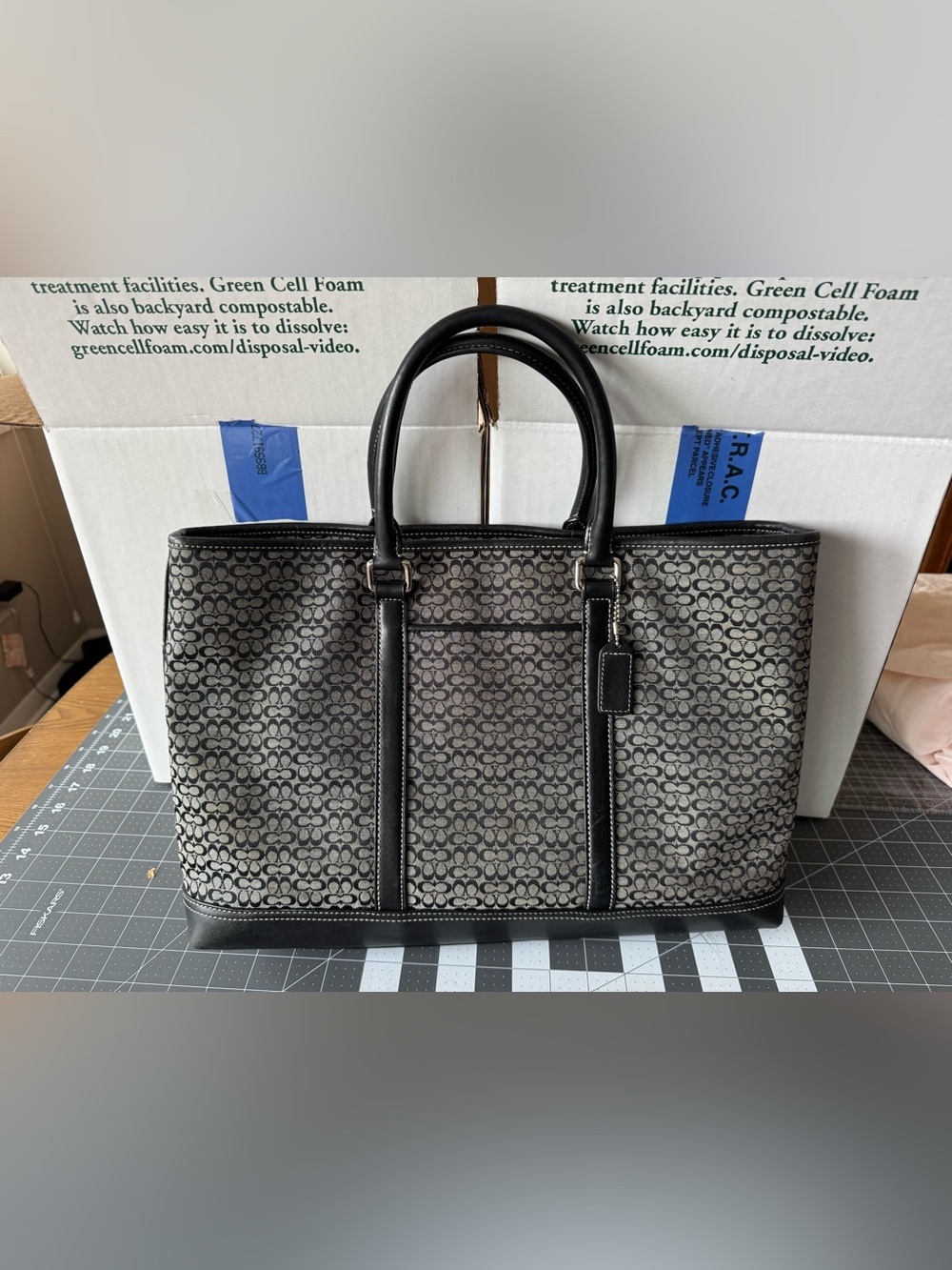 Coach Black and Gray Signature Canvas Tote with Leather Trim